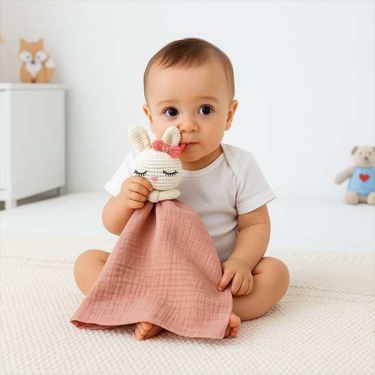 Doudou bébé artisanal crochet lapin rose