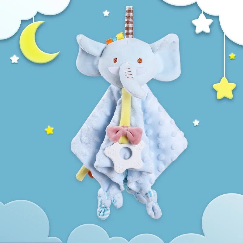 Doudou bébé éléphant en peluche bleu avec mordeur