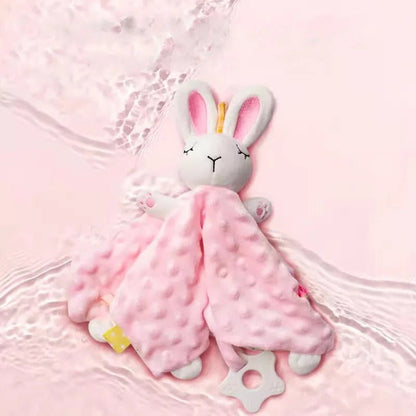 Doudou bébé lapin en peluche rose avec mordeur