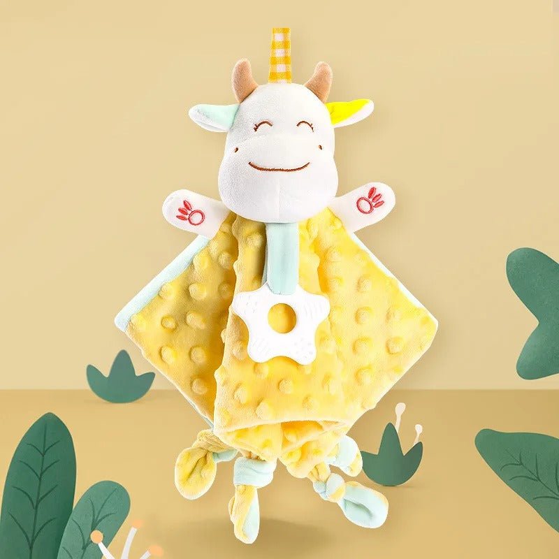 Doudou bébé vache en peluche jaune avec mordeur