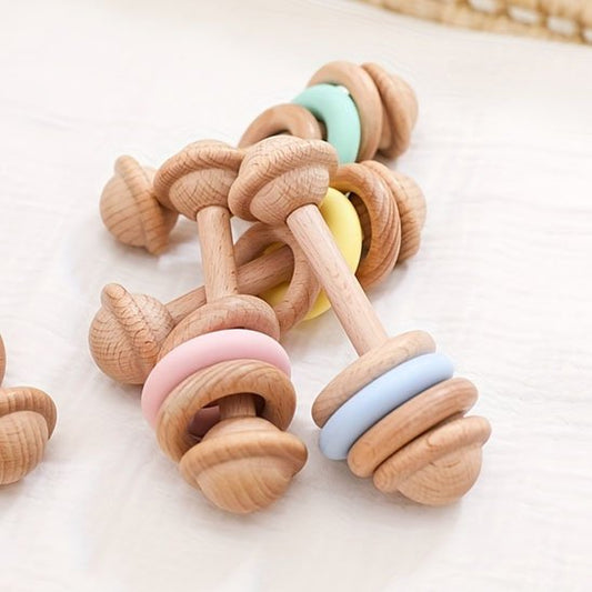 Hochet bébé en bois naturel avec anneaux colorés pastel