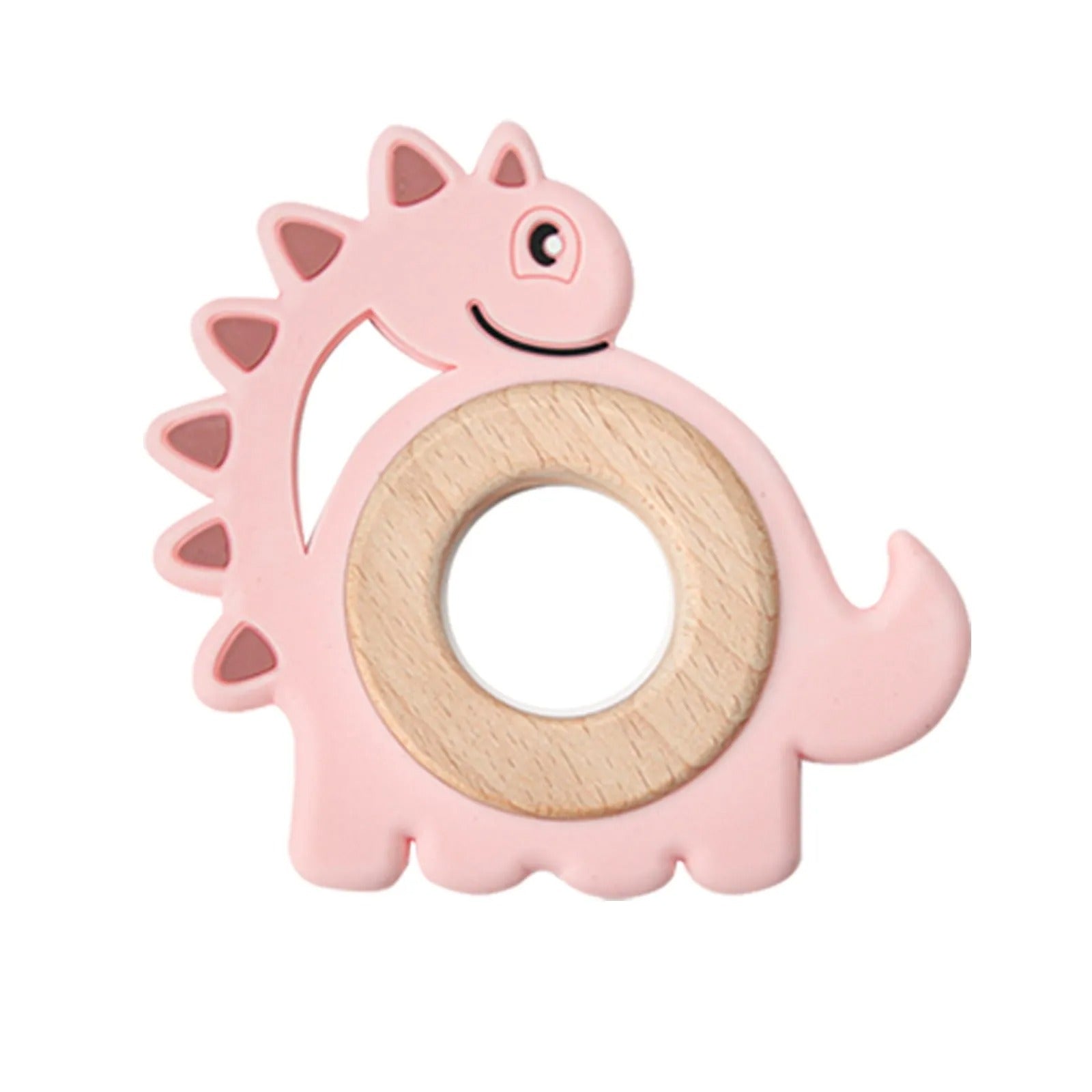anneau de dentition dinosaure rose en bois et silicone pour bébé