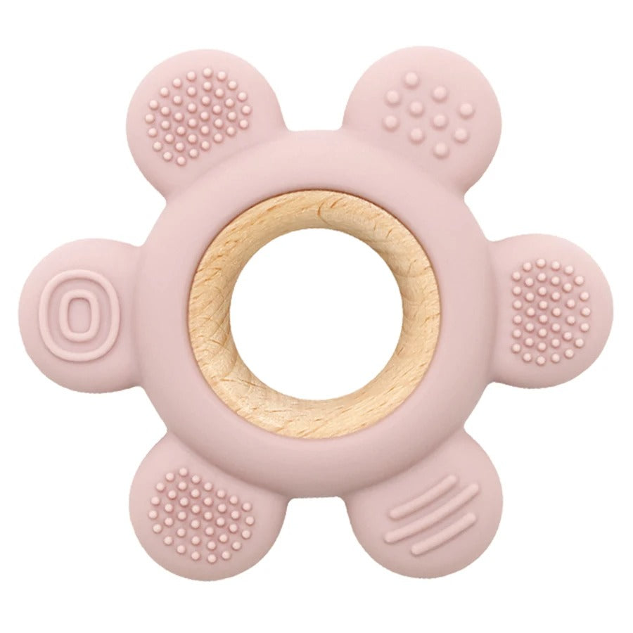 anneau dentition texturé en silicone rose doux et bois 