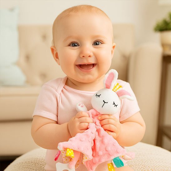 bébé avec doudou bébé lapin