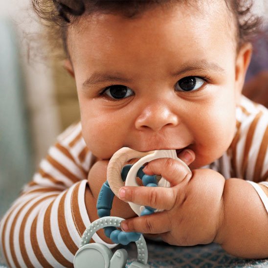 Bébé curieux tenant anneau dentition sécurisé