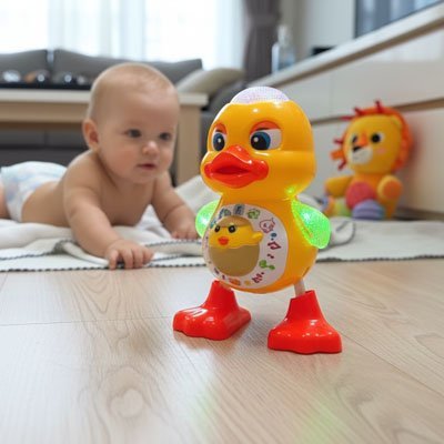 bébé joue avec jouet éveil bébé canard