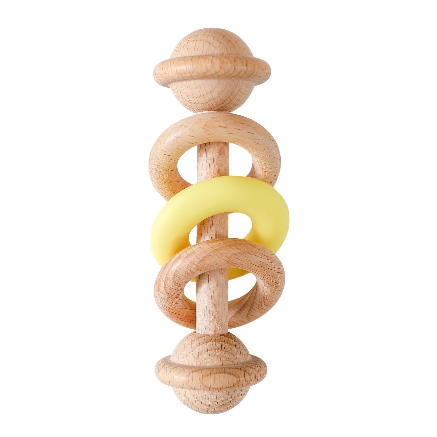 hochet bébé en bois jaune