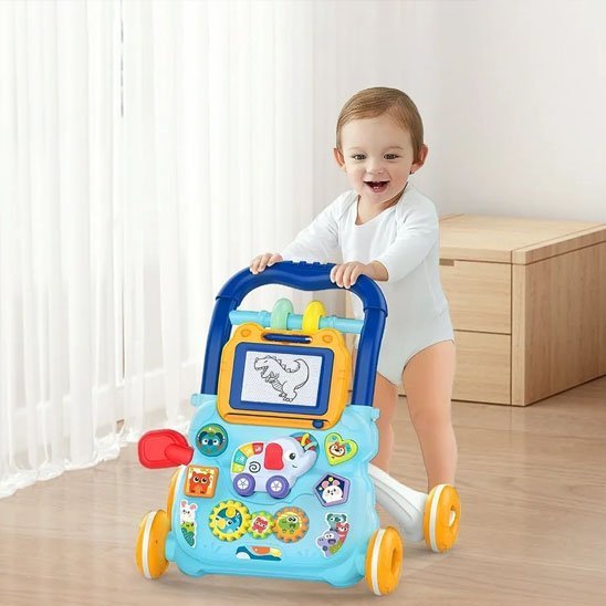 trotteur bébé bleu et tableau activités